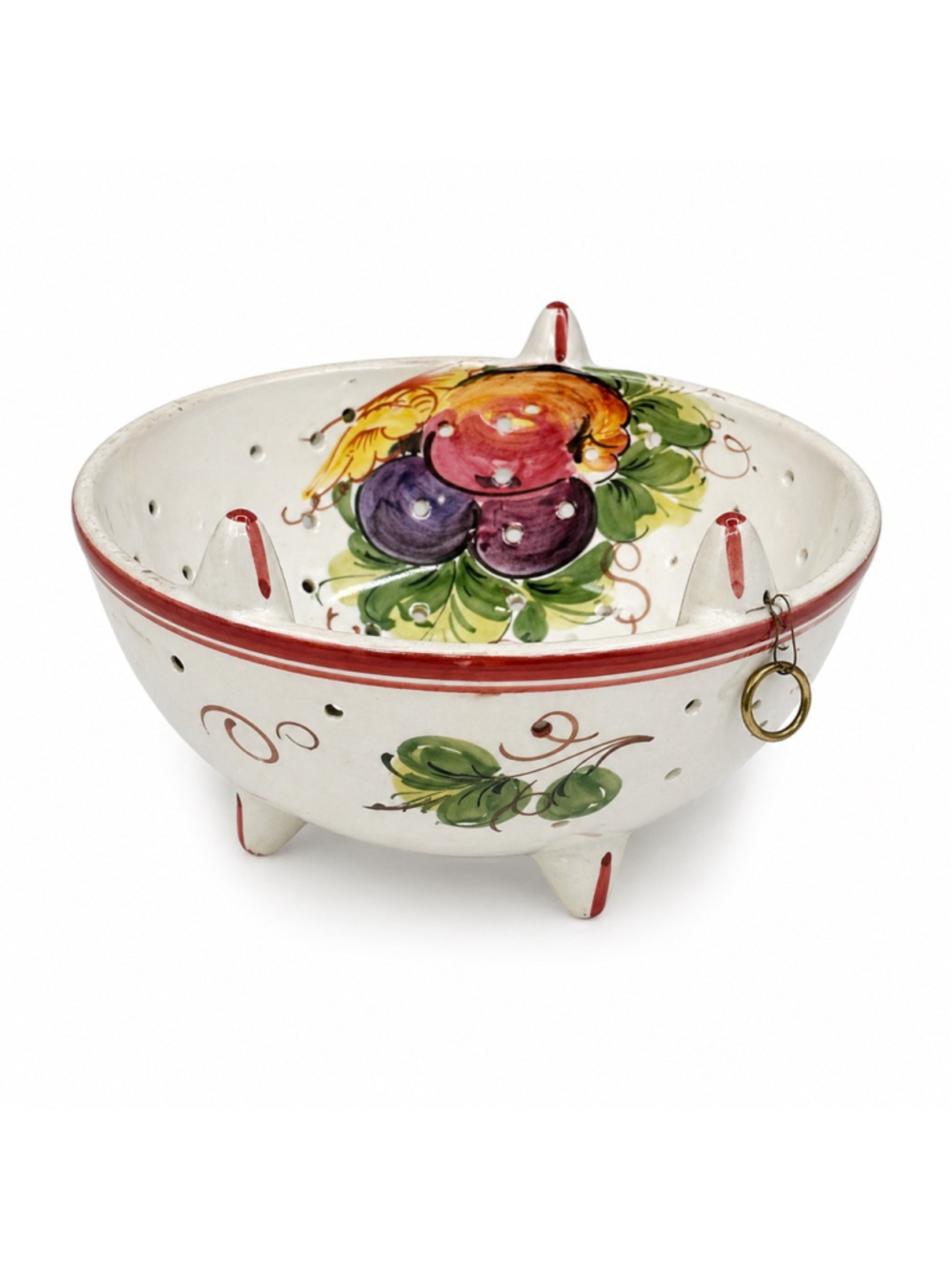 Italian Ceramic Colander Bowl Bassano Italy Hand Painted Fruit Footed Strainer
